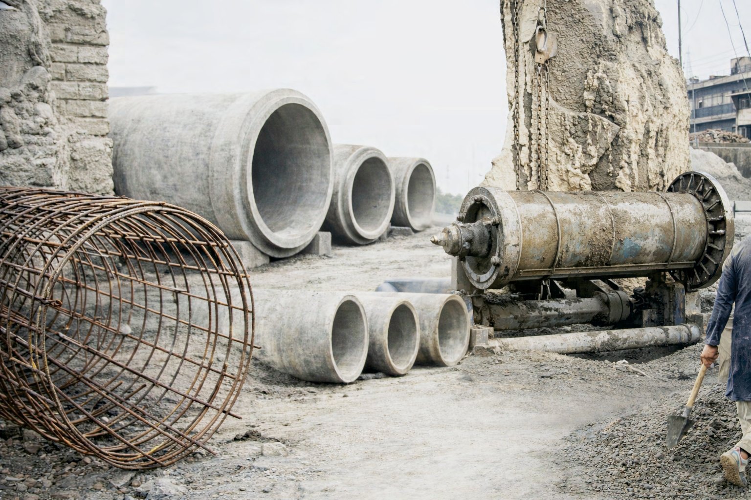 Al Noor RCC Pipe Factory yard with large reinforced concrete pipes and rebar cages