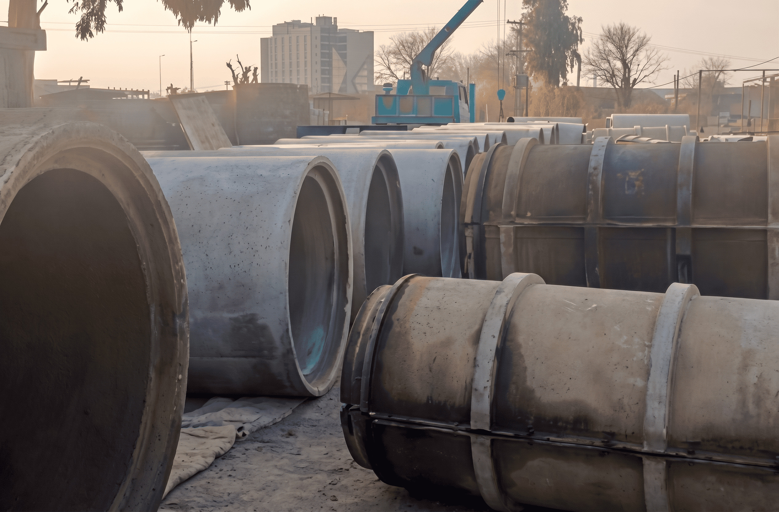 RCC pipes staged on-site for a construction project